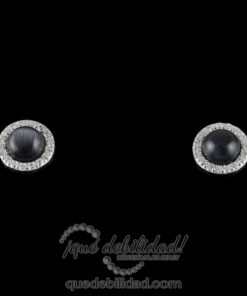 Pendientes de plata redondos borde circonita blanca ojo de gato negro 1